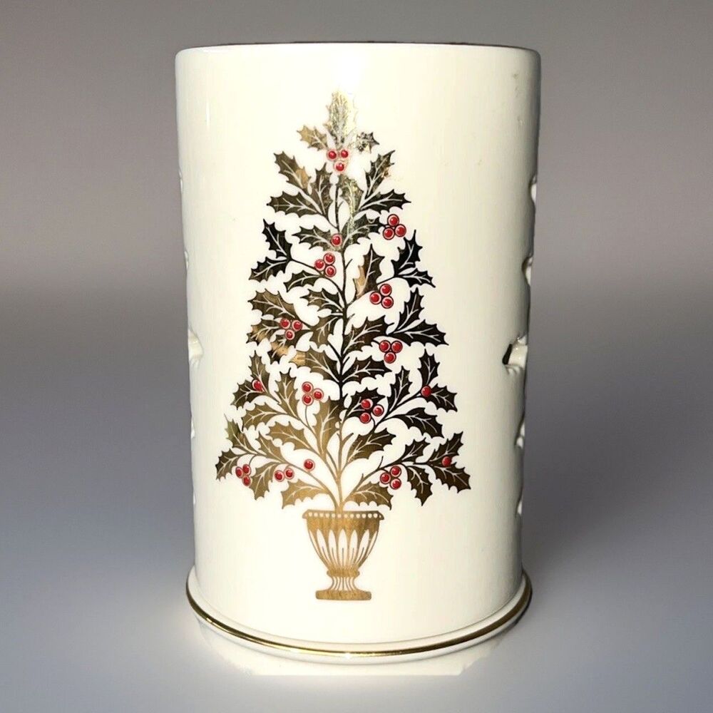 Lenox Eternal Christmas Pierced Votive Candle Holder Porcelain Gold Tree USA